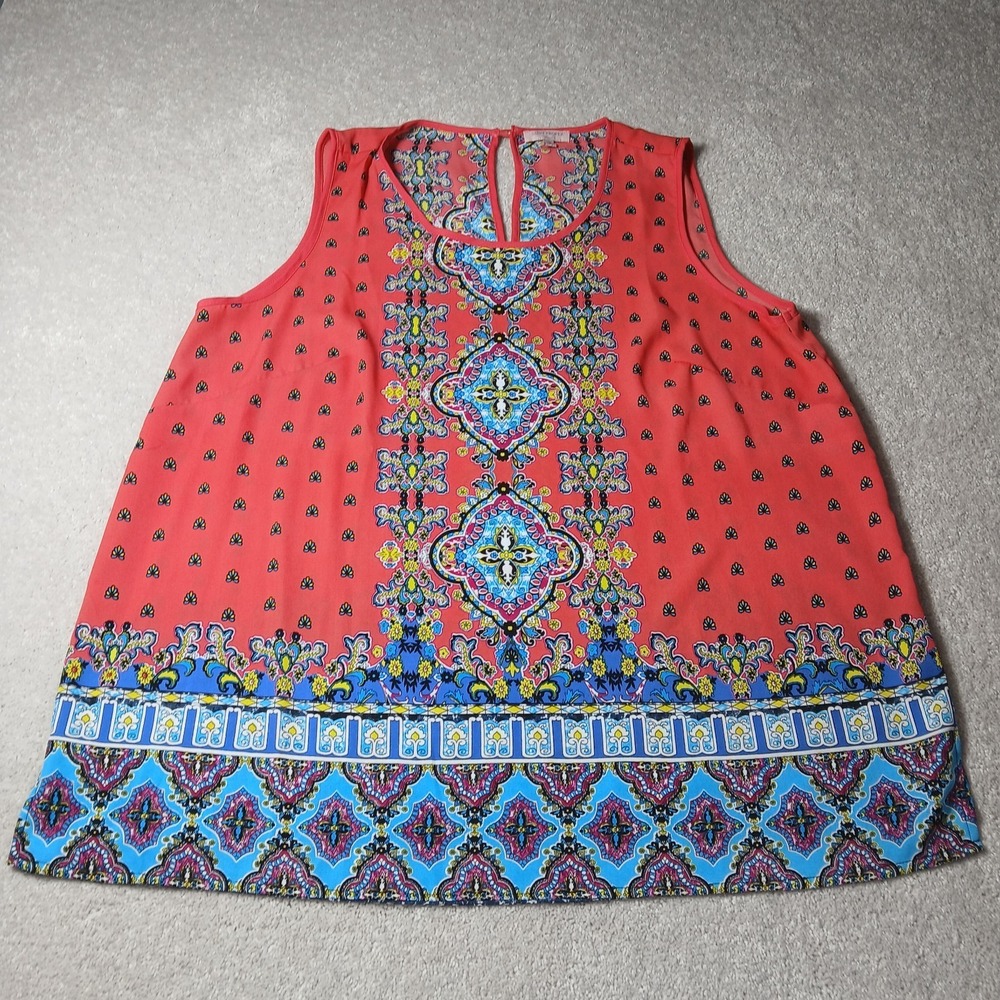 SAINT ST. TROPEZ WEST 1X Blouse Tunic Top Boho Sleeveless Coral Blue Summer
